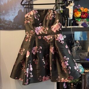 Windsor Fit and Flare Strapless Black Dress, with Pink/Purple Flowers w/Pockets